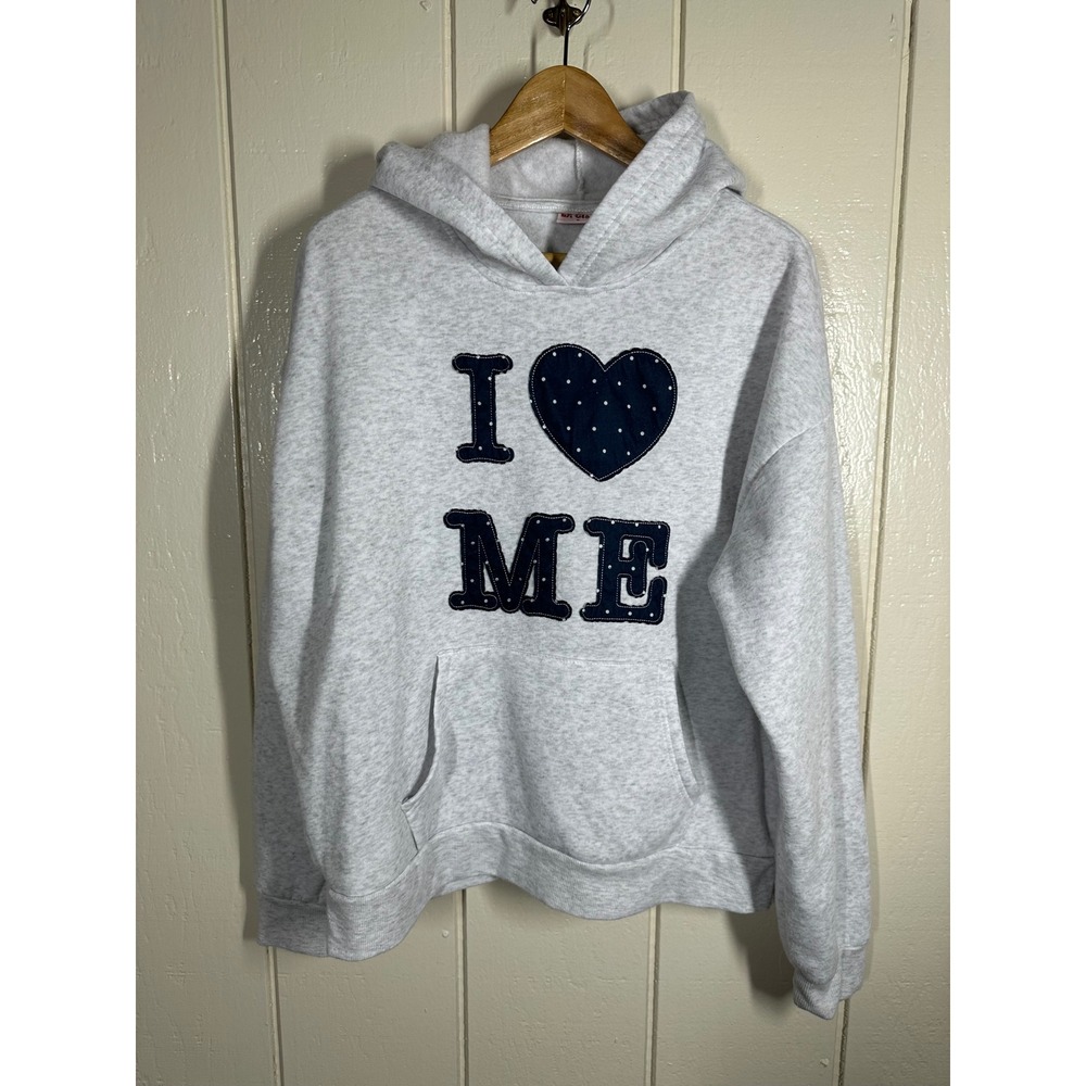 LA Glow Hoodie Womens L Gray I Heart Me Polka Dot Graphic Pullover Sweatshirt